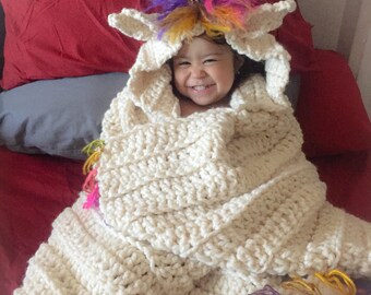 Unicorn Blanket - Unicorn Crochet Blanket - Hooded Blanket - Blanket - Unicorn - Gift - Rainbow - Crochet Blanket - Unicorn Lap Blanket