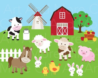 Farm Animal Clipart Clip Art Cute Farm Animal Clipart Farm Clipart Cow Horse Sheep Pig Chicken Bull Rabbit Barn Clipart Instant Download