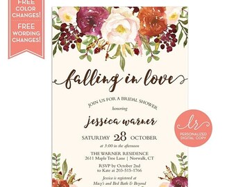 Fall Bridal Shower Invitation - Fall in Love Bridal Shower Invite - Wedding Shower - Baby Shower Invite - Fall Floral Invitation - LR1086