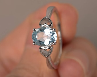 Engagement Ring Natural Aquamarine Ring Oval Cut Blue Gemstone Ring Solitaire Ring Sterling Silver Ring March Birthstone