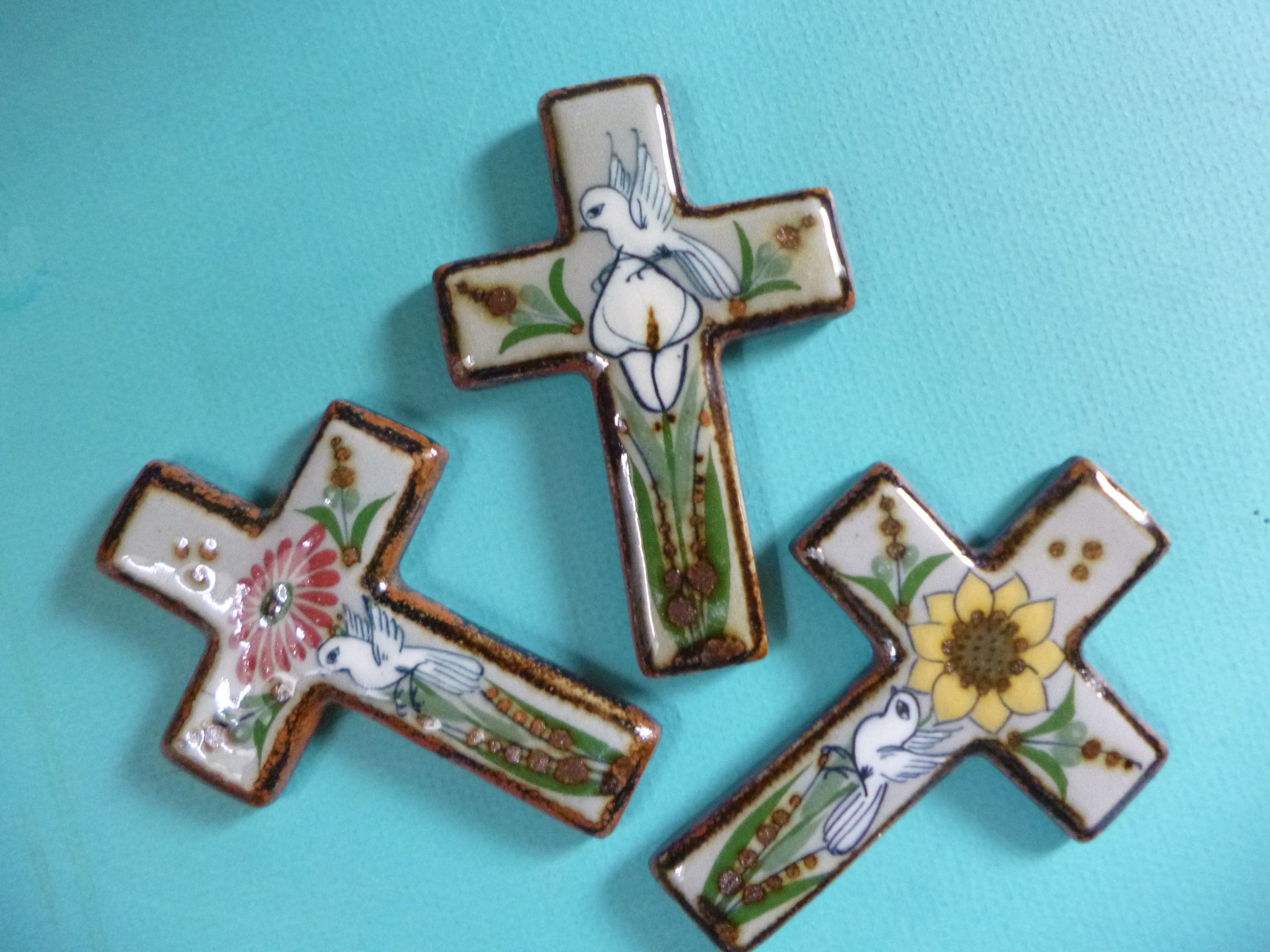 Vintage Ceramic Cross Collection of Three Folk Art Wall