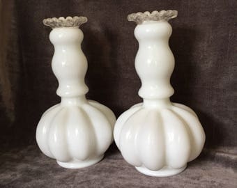 Vintage Set of 2 milk glass perfume bottles or melon bud vases