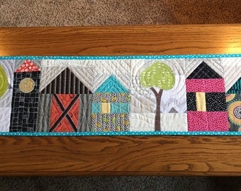 Scrappy House Table Runner, Street Table Runner, Table Runner with Barn and Silo