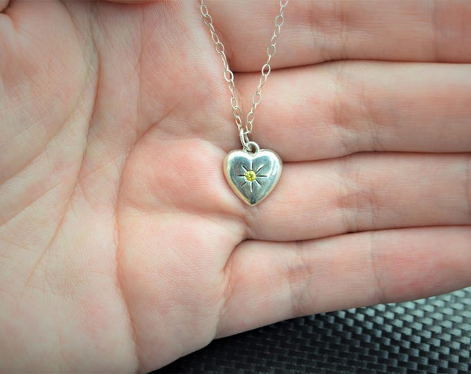Silver Heart Necklace, Mothers Necklace, Topaz Stone Necklace, Dainty Heart Necklace, Mothers Topaz Necklace, November Birthstone, citrine