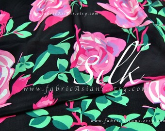 Big Pink Rose black silk crepe by the yard