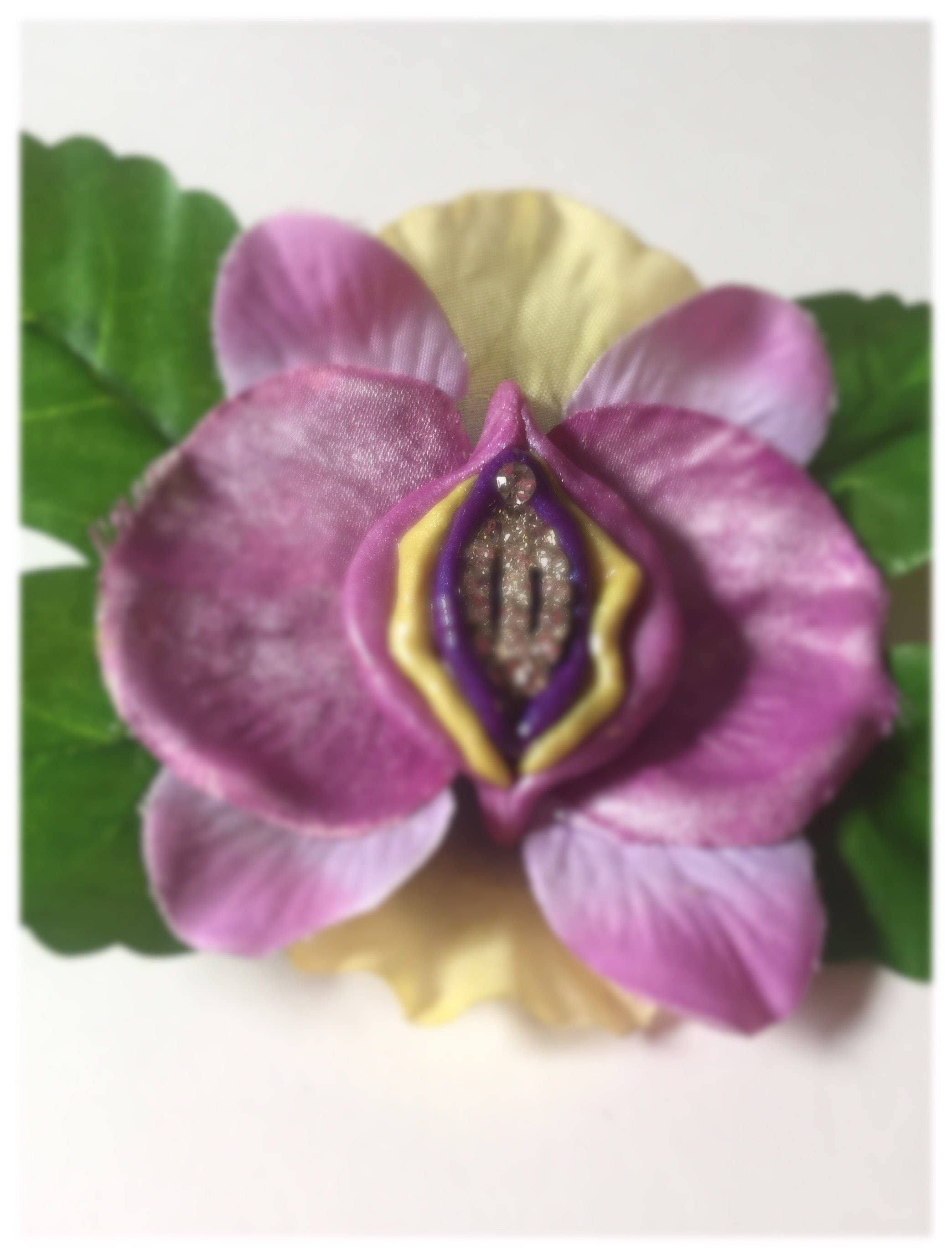 Yoni Flower Hair Clip with Lilac and Yellow Satin Petals Leaf