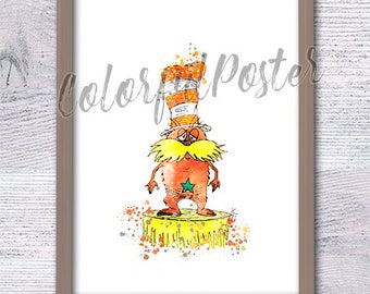 Dr Seuss Lorax art poster The Lorax watercolor print Baby shower gift Playroom wall decor Kids room wall art Dr Seuss wall decoration V480
