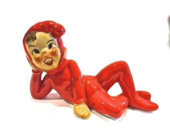 Vintage Bisque Pixie, Christmas Elf, Laying down, Ankles Crossed, Ceramic Figurine, Red Suit, Collectible Figurine, Made In Japan, 1950s