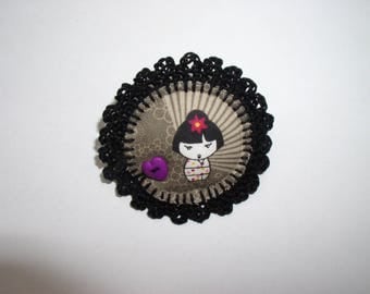 crochet with fabric geisha and heart button brooch