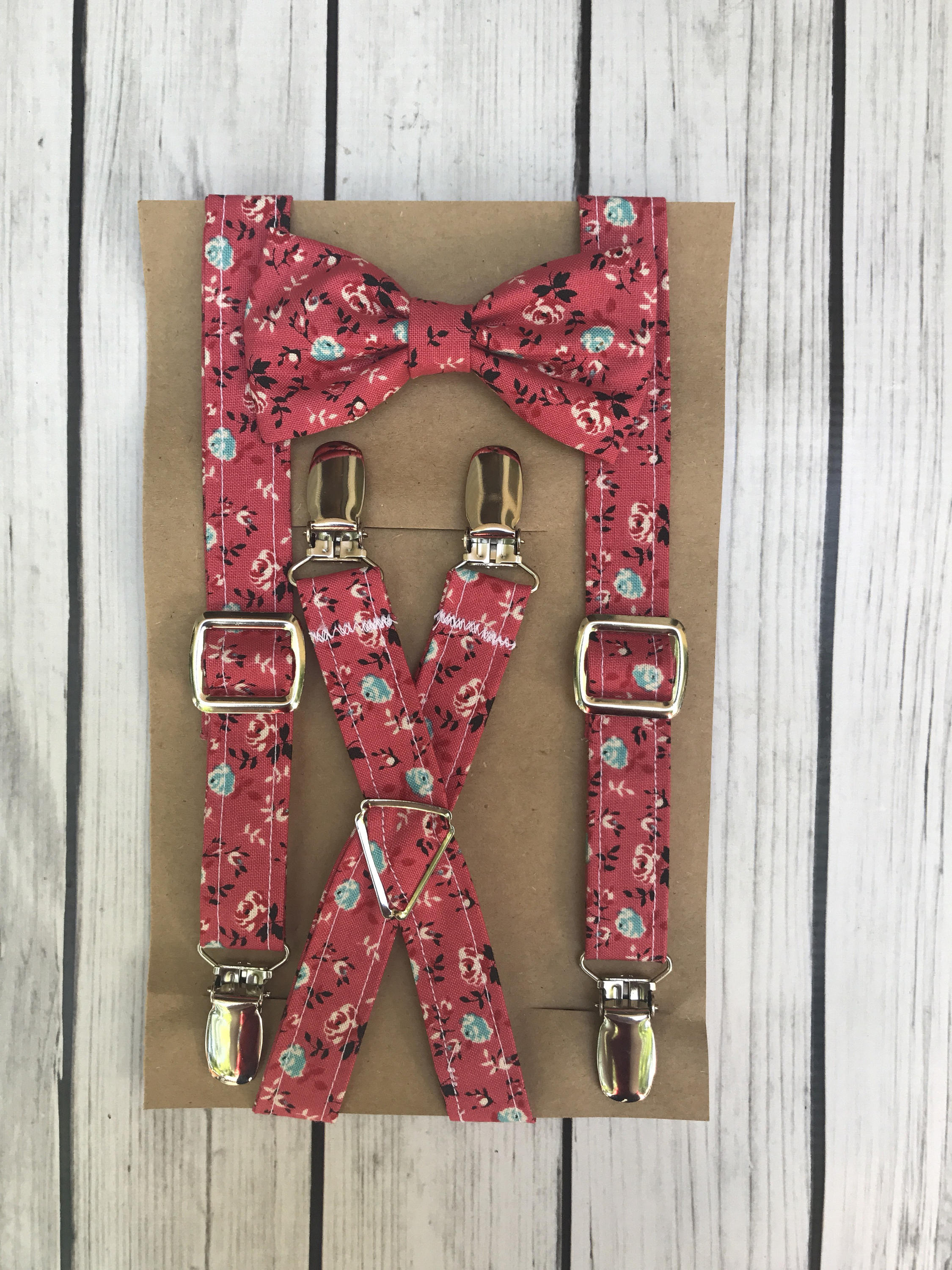 Red Floral Suspenders and Bow Tie Adjustable Neck Strap Clip