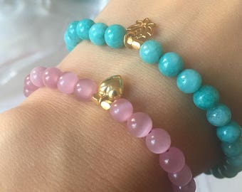 Aquamarine Semi Precious Stone Stretch Bracelet with Gold Lotus Charm