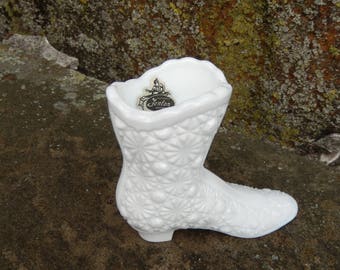 Fenton Milk Glass Daisy and Button Boot, Victorian Shoe, Bud Vase, Toothpick Holder, Vintage Wedding Decor Cottage Farmhouse RascalsRarities