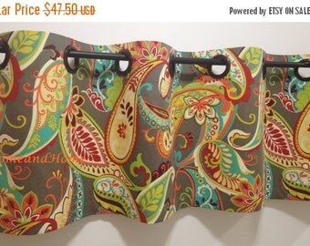 SALE Grommets Valance. 50 x16 Paisley Valances. Whimsy Mardi Gras Multi curtain window treatment topper designer kitchen valance