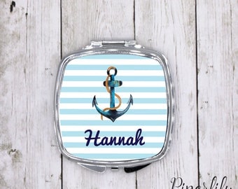 Personalized Compact Mirror Bridesmaids Gifts Birthday Gift Wedding Party Maid of Honor Gift Custom Compact Mirror Beach Nautical Anchor