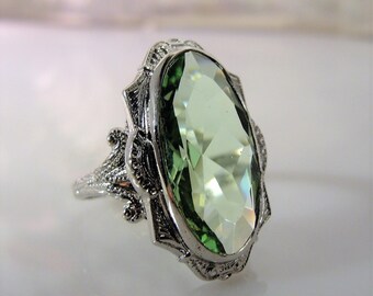 1930s, CLARK & COOMBS, Sterling Silver Ring, Faceted Green Glass Ring, Art Deco Ring, Art Nouveau Ring, Victorian Style Ring, Vintage Ring
