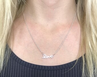 Silver Love Necklace, Love Script Necklace, Love Charm Necklace, Love Silver Necklace, Dainty Love Necklace, Simple Love Necklace