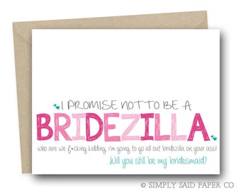 Funny Bridesmaid Proposal - I Promise not to be a Bridezilla - Wedding Notecard, Funny Bridesmaid Card, Will You Be My, Bridesmaid Ask Card