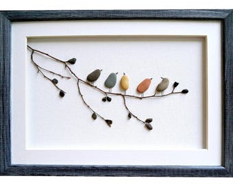 Birds wall art, Pebble art birds, Nursery decor, Rustic home decor, New home housewarming gift, Framed wall art, Bird lover gift, Nature art