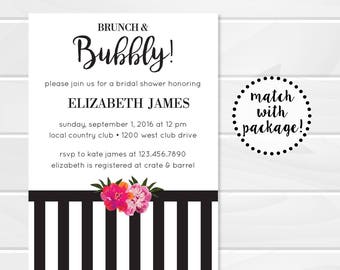Brunch and Bubbly Floral Bridal or Baby Shower Invitation, Black and White Stripes, Kate Spade