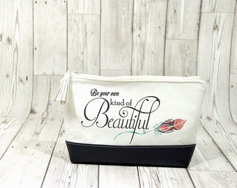 Be your own kind of beautiful cosmetic bag, Feather makeup bag wash bag, Bridemaid makeup bag leather cosmetic bag, Feather gift bridesmaid