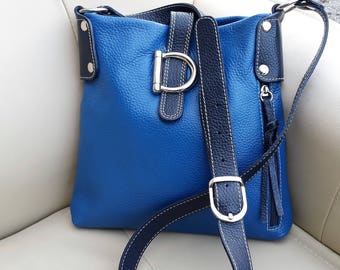 Leather crossbody messenger bag, Blue Italian leather shoulder purse, Vera Pelle Royal Blue and Navy Purse, Gift for her, Blue D purse
