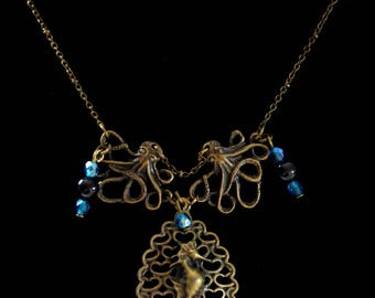 "Abyss" Octopus and seahorse blue necklace