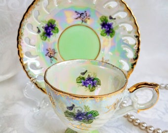 Vintage Japanese HB Lustreware Footed Tea Cup and Saucer Green Purple Floral Japanese Teacup and saucer Pierced Porcelain Shabby Chic