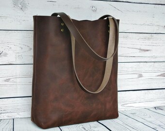 Brown leather tote, leather tote bag, chocolate leather shoulder bag, leather purse, rustic leather, vintage, tote bag