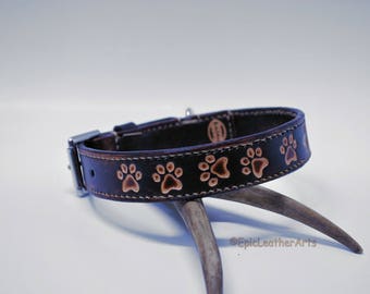 Leather Dog Collar, Medium Size Dog Collar, Handmade Collar, Paw Print Dog Collar, Brown Dog Collar, Pet Collar, Veg Tan Leather Dog Collar.