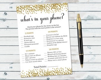 Gold Confetti Cell Phone Game, What's In Your Phone, Bridal Phone Raid Game, Gold Glitter Bridal Shower Printable Games, Wedding Shower Game