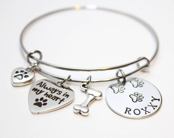 dog memorial bracelet, dog memorial bangle, dog memorial jewelry, dog name remembrance bracelet, dog name remembrance jewelry, dog theme