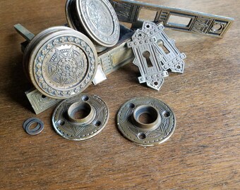 Victorian Doorknobs, Complete Set, Corbin Lock Set, Eastlake Hardware, Strike Plate, Ornate Hardware, Fancy Door Knobs, Eastlake Rosettes