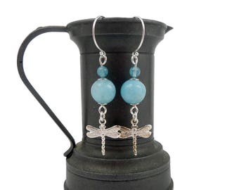 Quartz and Sterling Silver earrings blue sponge, dragonflies
