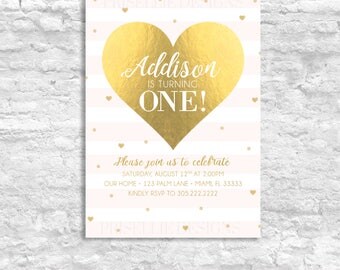First Birthday Invitation Girl 1st Birthday Invitation, Pink and Gold First Birthday Invitation, Blush Pink Heart Birthday Invitation