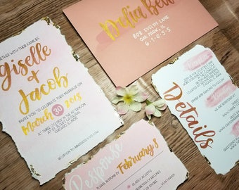 Blush and Gold Watercolor Wedding Invitation with Handwritten Gold Ink and Foil (leafing)