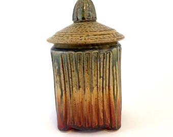 Handmade Pottery Canister, Ceramic Lidded Jar, Red, Yellow, Green