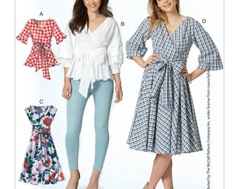 Sewing Pattern for Misses' Wrap Tops and Dresses with Waist Tie, McCall's Pattern 7627, New Pattern, Easy Sew Pattern, Wrap Dress, Wrap Top