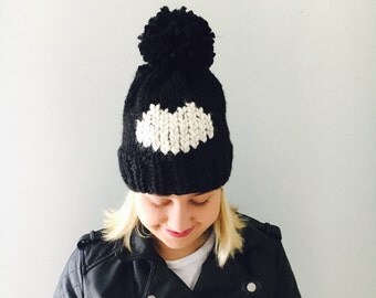 Chunky Knit Pom Pom Hat / Heart Hat / Color Black and White / Ready to ship