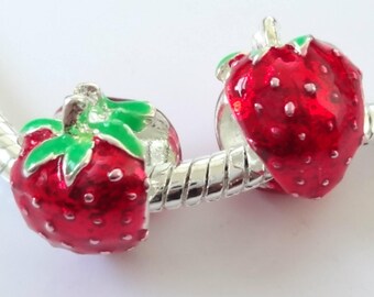 Enamel Strawberry 12mm Pandora Style Large Hole Beads 4PC 10PC