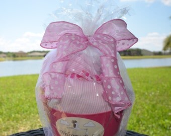 Personalized Baby Gift Basket for a Baby Girl - Baby Shower Gift Basket Pink - New Mom Gift Basket - Newborn Gift Basket - Burp Cloth & Bibs