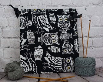 Owl Knitting Bag, Crochet Bag, Yarn Bag, Project Bag, Tote bag, Drawstring bag, Knitting Tote, Sock knitting bag