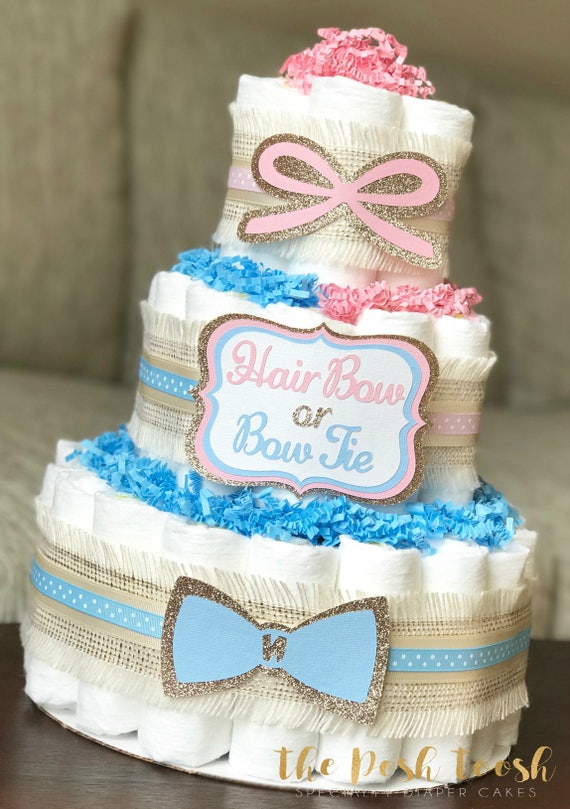 Gender Reveal Party Diaper Cake Neutral Blue Pink Hair Bow or