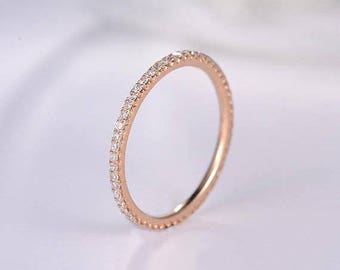 Rose Gold Wedding Band Diamond Women Anniversary Eternity Band Minimalist Dainty Matching Band Micro Pave Simple Stacking Bridal Set