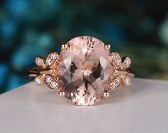 Morganite Ring Oval Cut Rose Gold Engagement Ring Statement Diamond Butterfly Unique Art Deco Inspire Anniversary Gift For Her