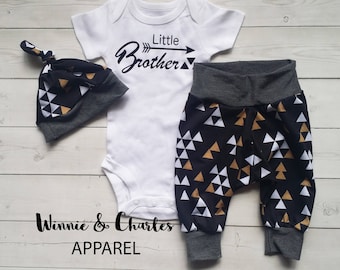 Little Brother Coming Home Outfit, Sibling Love Clothing Set, Triangle Leggings, Baby Hat