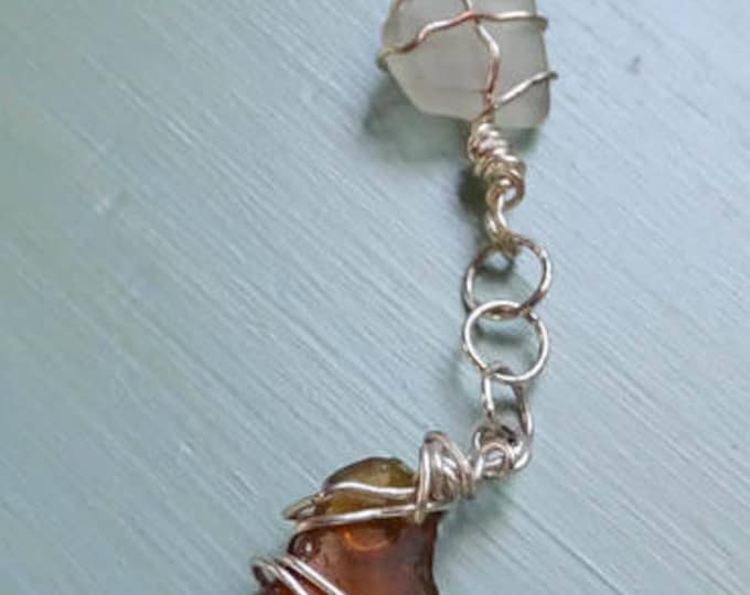 Charm bracelet linked together - two large brown and two white Lake Michigan Beach Glass - toggle clasp