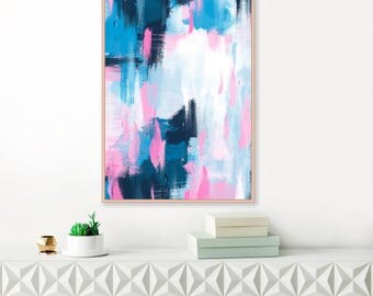 Pink and Blue Abstract Painting, Large Abstract Painting, Modern Art Print, Extra Large Wall Art, Pink and Navy Wall Art, Abstract Art