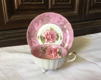 Royal Halsey Pink Rose Teacup and Saucer ~ Three Leg Teapot