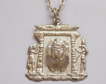 Silver Egyptian Scarab Beetle Pendant Necklace