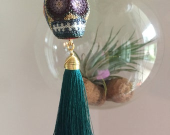 Skull Pendant, Skill Jewelry. Mexican skull necklace, Mexican wrestler mask, Tassel Necklace, Gold Pendant